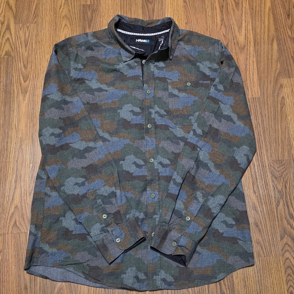 Tony Hawk Mens Large Camo Flannel Shirt Jacket Shacket Military Blue Green E50